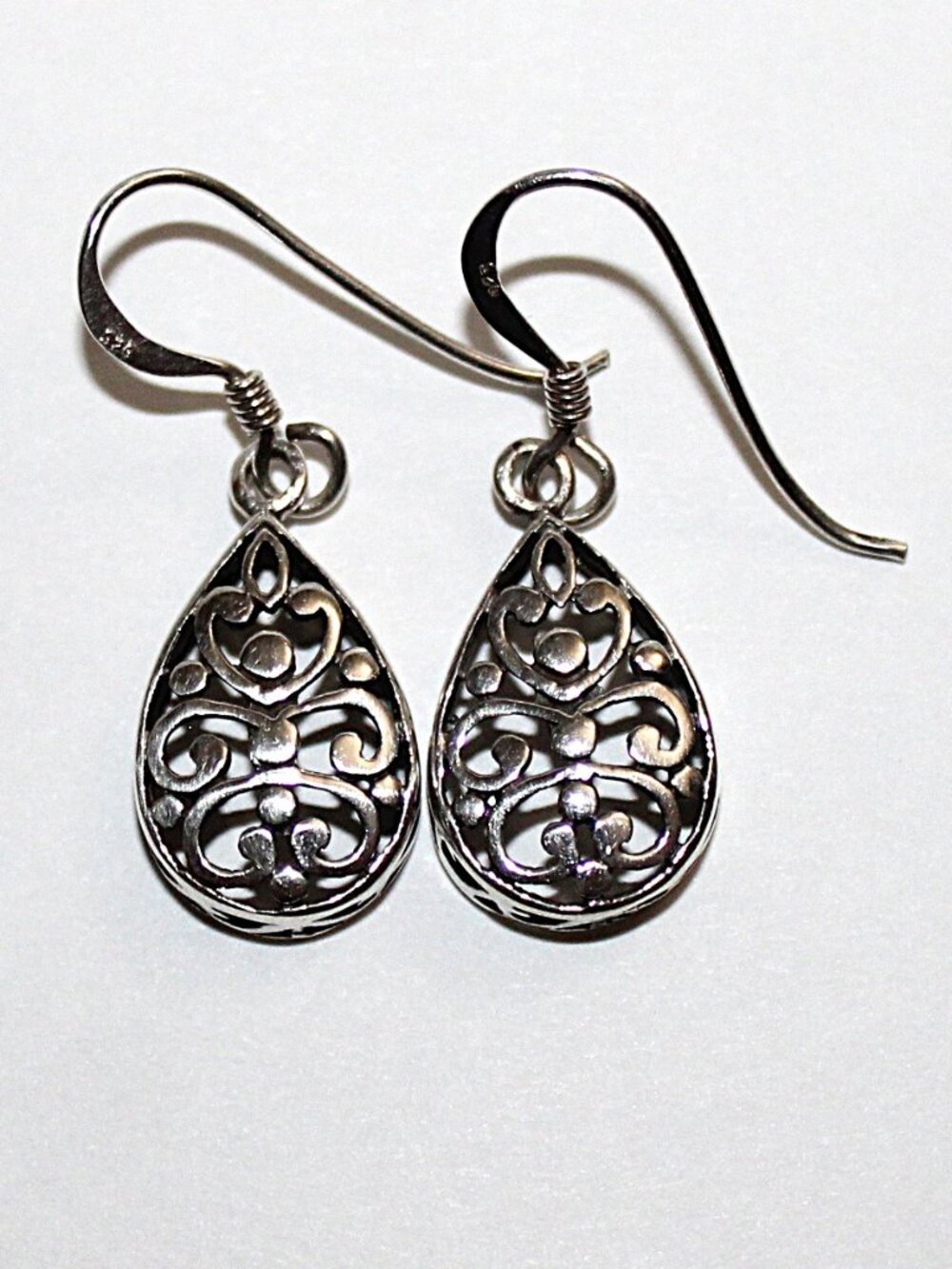 Sterling Silver Scroll Work Tear Drop Earrings